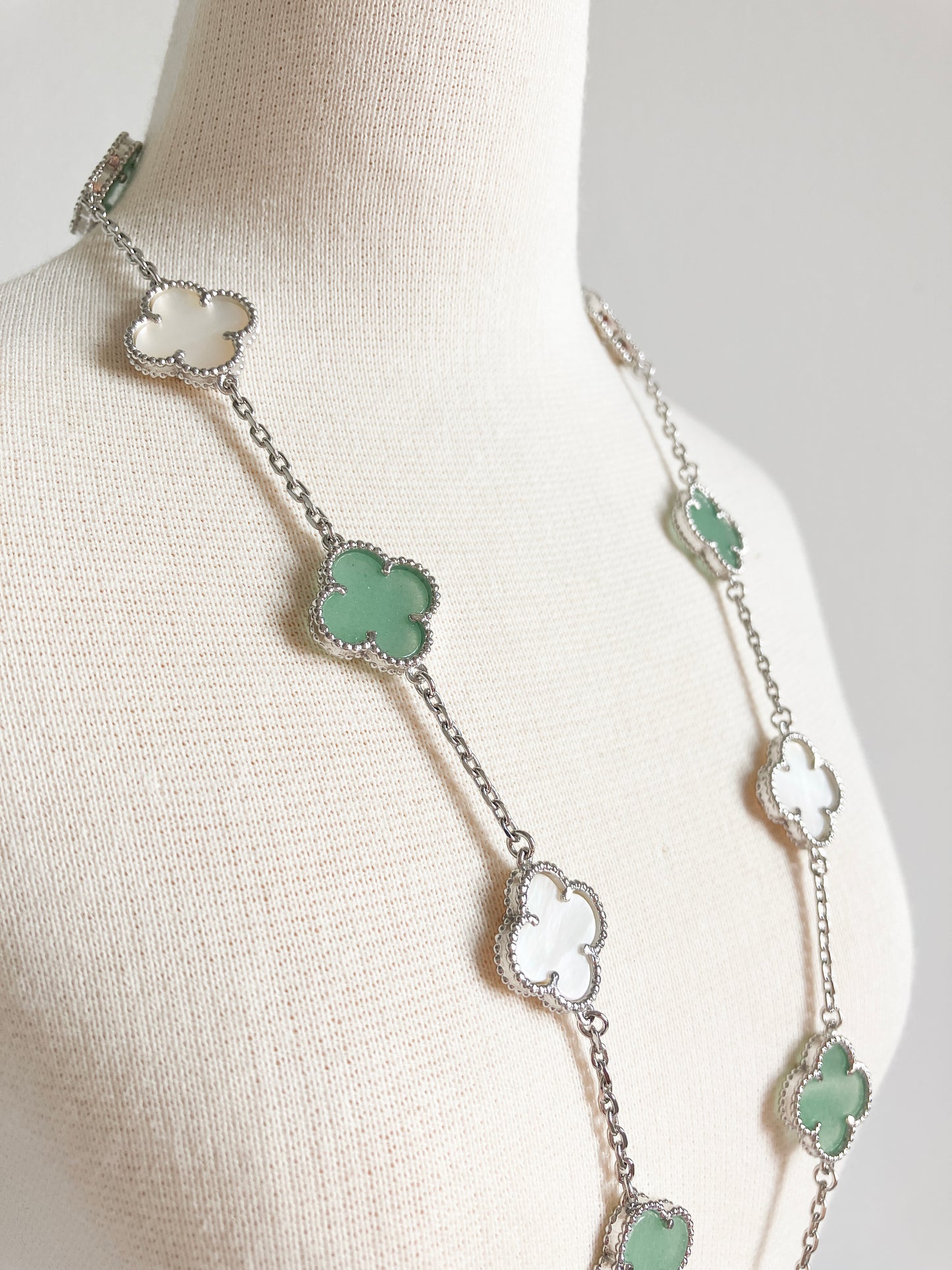 Jade and Mother of Pearl Quatrefoil Necklace in Silver