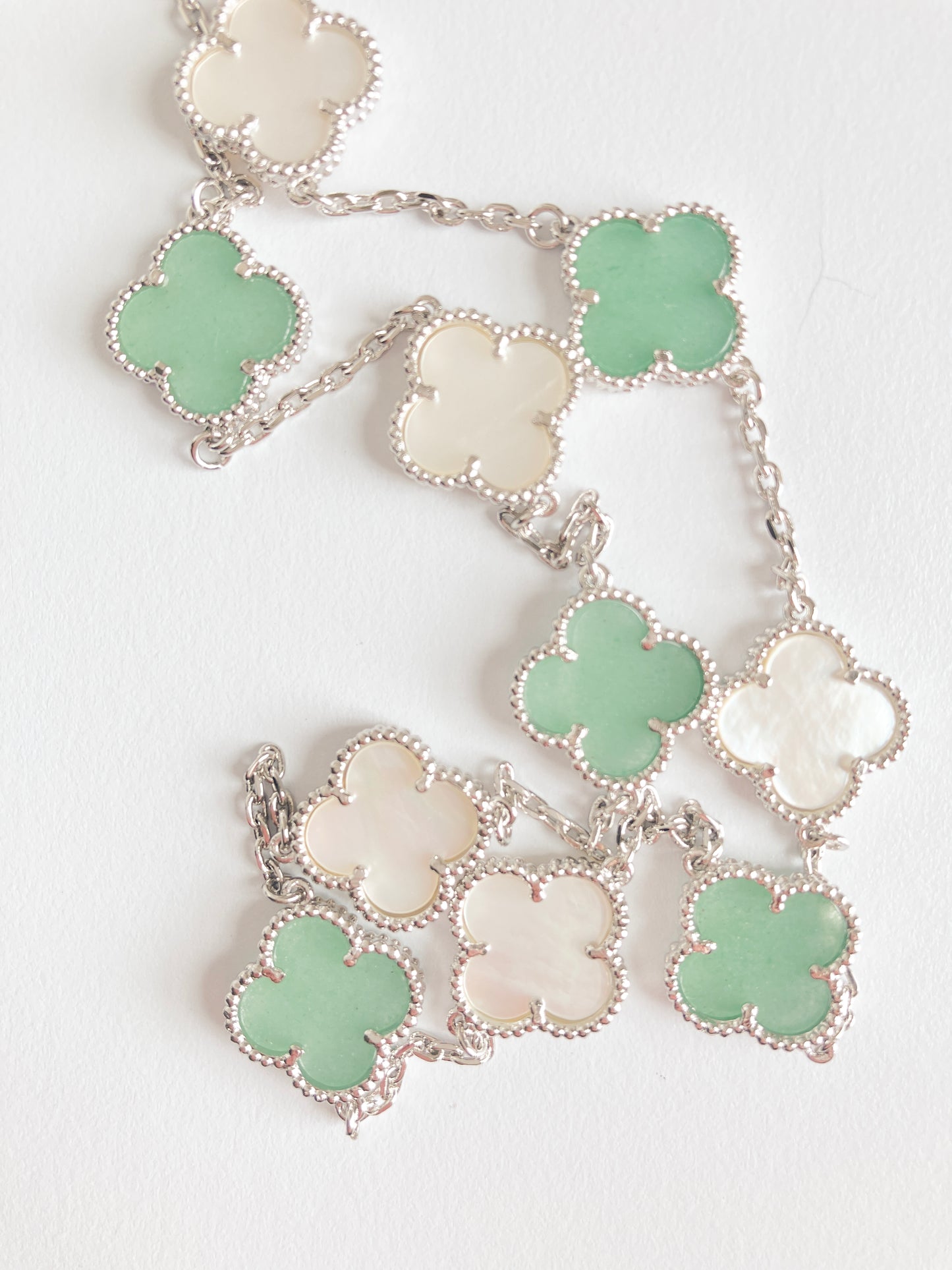 Jade and Mother of Pearl Quatrefoil Necklace in Silver