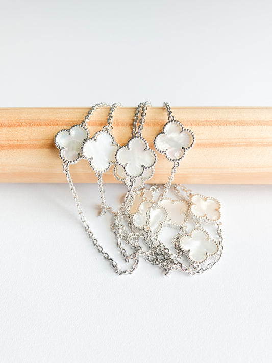 Mother of Pearl Quatrefoil Rope Necklace in Silver