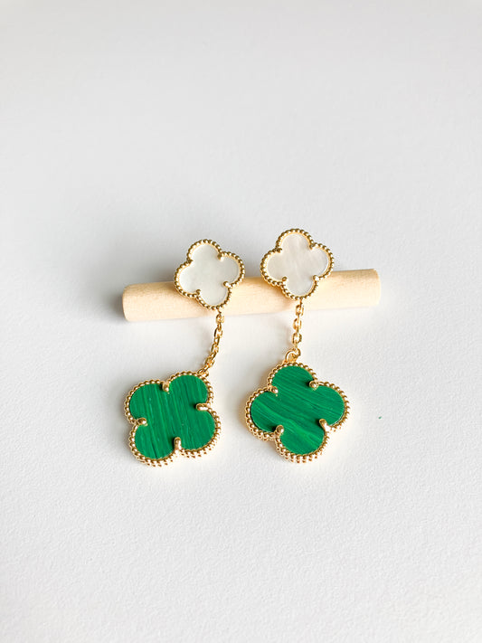 Malachite and Mother of Pearl Quatrefoil Double Drop Earrings in Gold