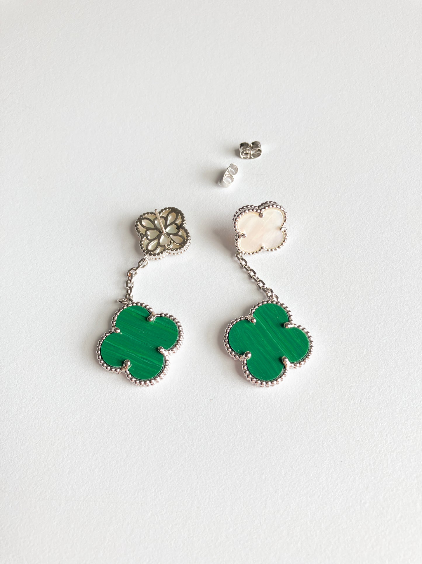Malachite and Mother of Pearl Quatrefoil Double Drop Earrings in Silver