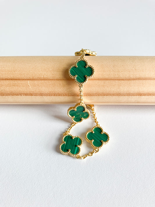 Malachite Demi Quatrefoil Bracelet in Gold