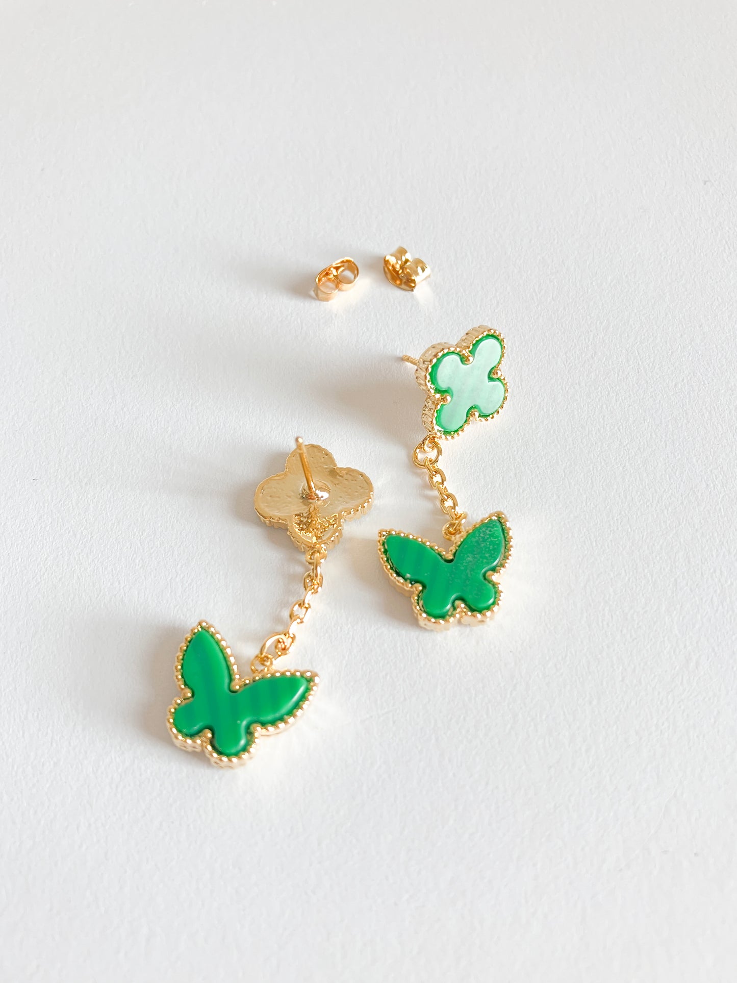 Malachite Quatrefoil and Butterfly Drop Earrings in Gold