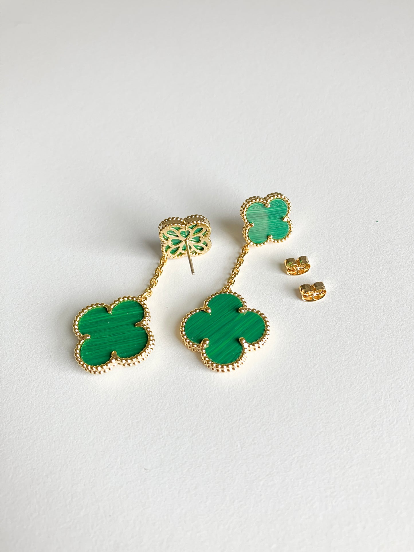 Malachite Quatrefoil Double Drop Earrings in Gold