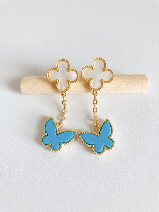 Mother of Pearl Quatrefoil and Turquoise Butterfly Drop Earrings in Gold