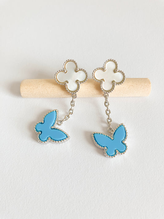 Mother of Pearl Quatrefoil and Turquoise Butterfly Drop Earrings in Silver