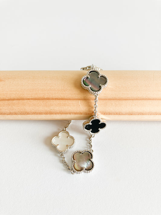 Mixed Mother of Pearl and Onyx Demi Quatrefoil Bracelet in Silver