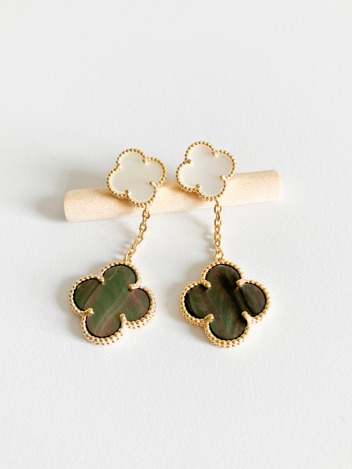 Mixed Mother of Pearl Quatrefoil Double Drop Earrings in Gold