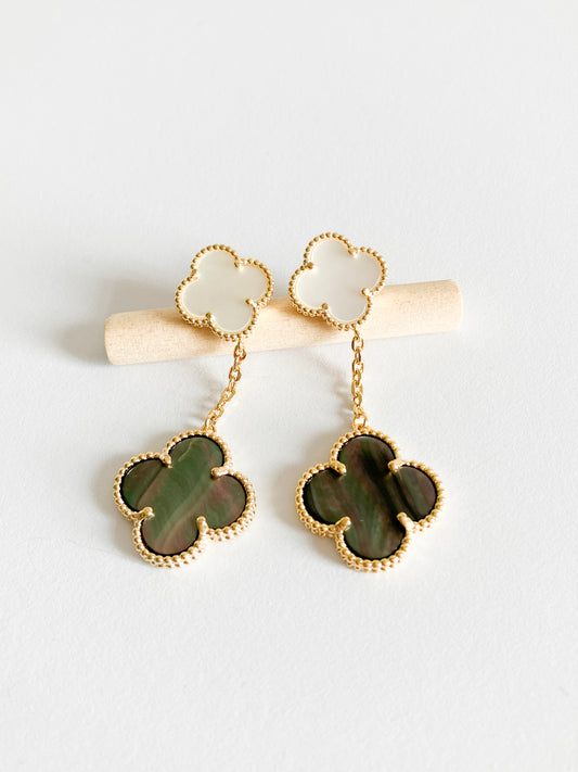 Mixed Mother of Pearl Quatrefoil Double Drop Earrings in Gold