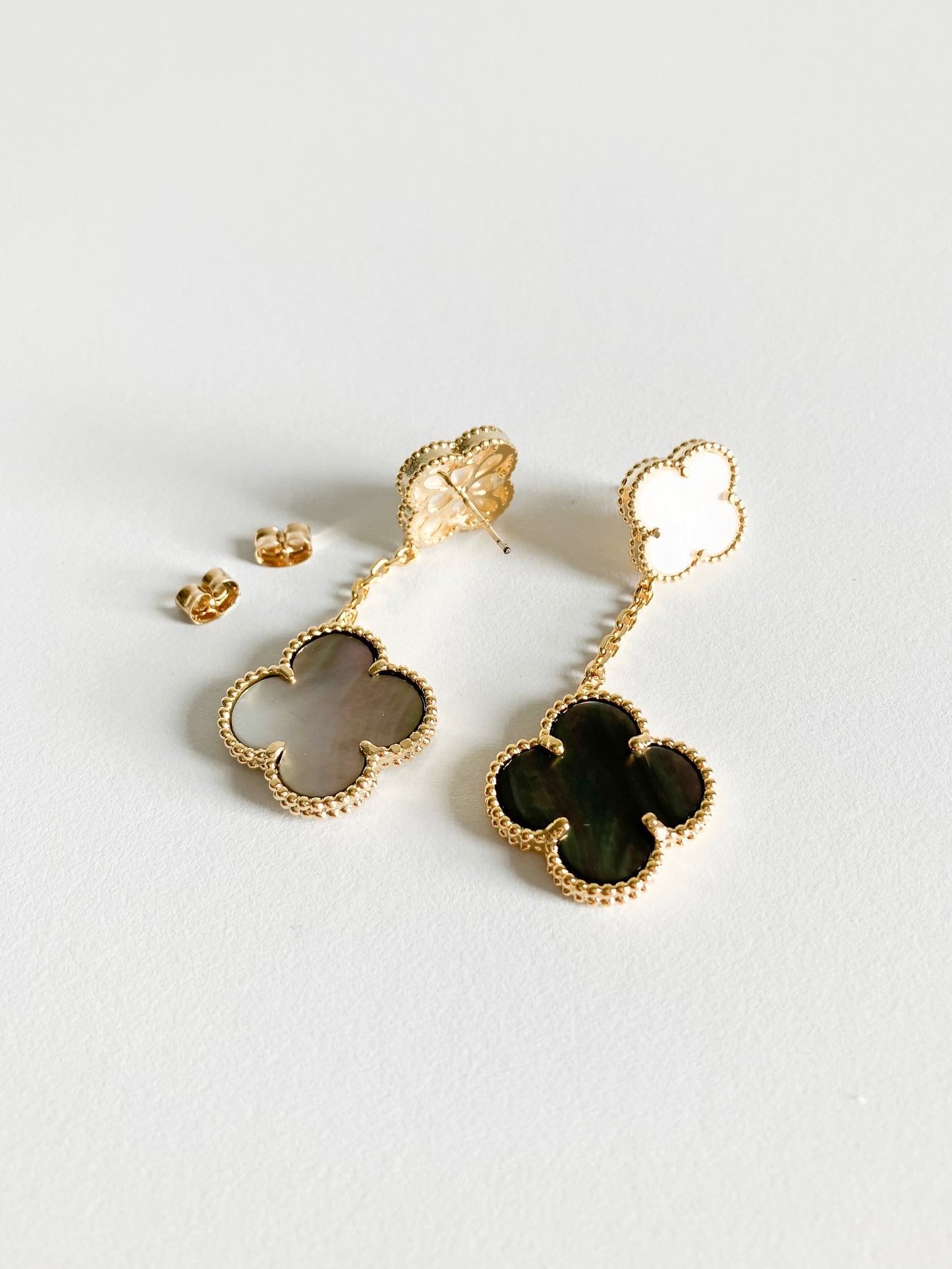 Mixed Mother of Pearl Quatrefoil Double Drop Earrings in Gold
