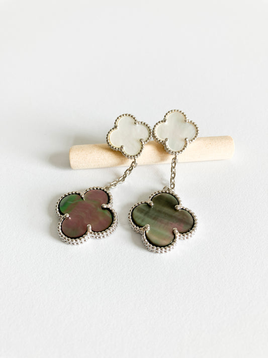 Mixed Mother of Pearl Quatrefoil Double Drop Earrings in Silver