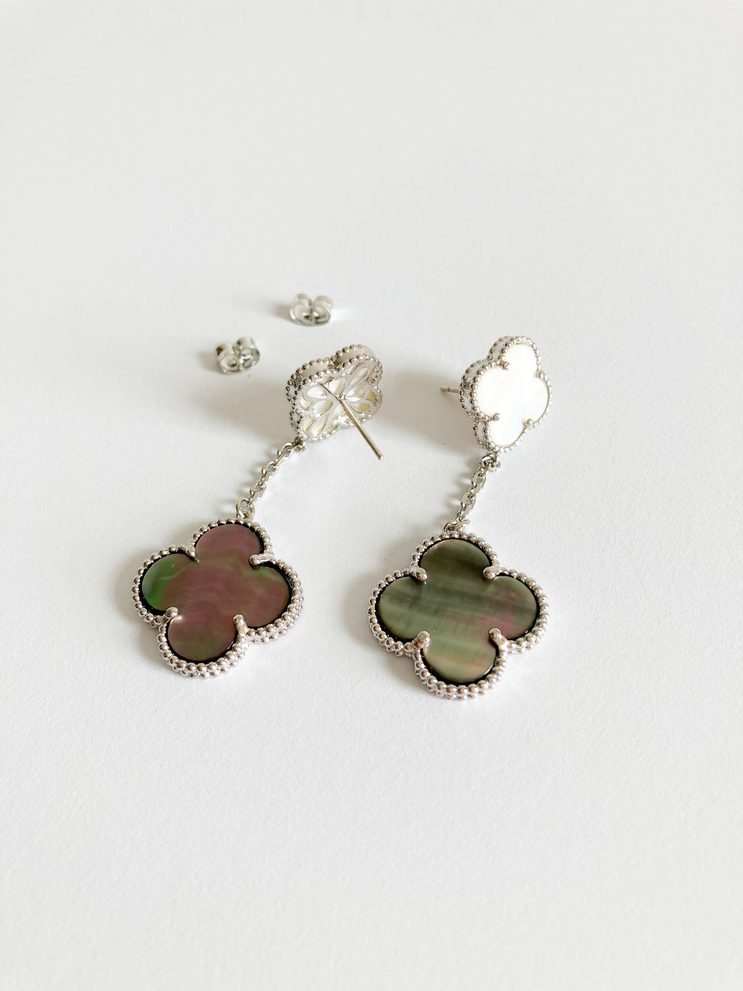 Mixed Mother of Pearl Quatrefoil Double Drop Earrings in Silver