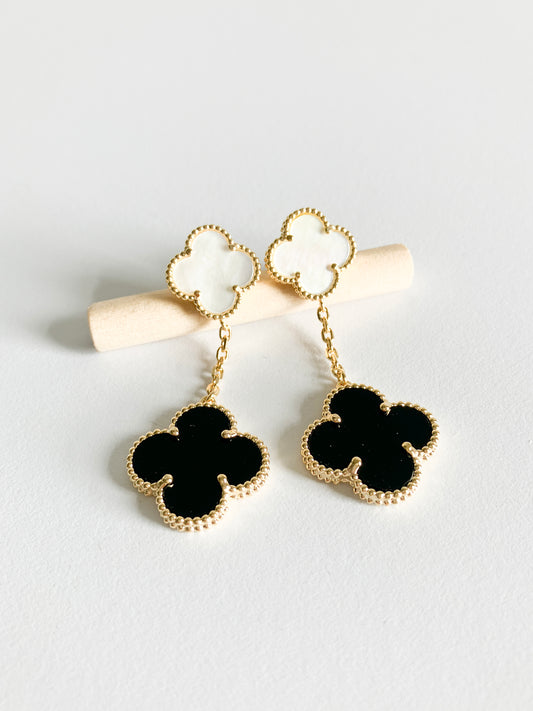 Onyx and Mother of Pearl Quatrefoil Double Drop Earrings in Gold