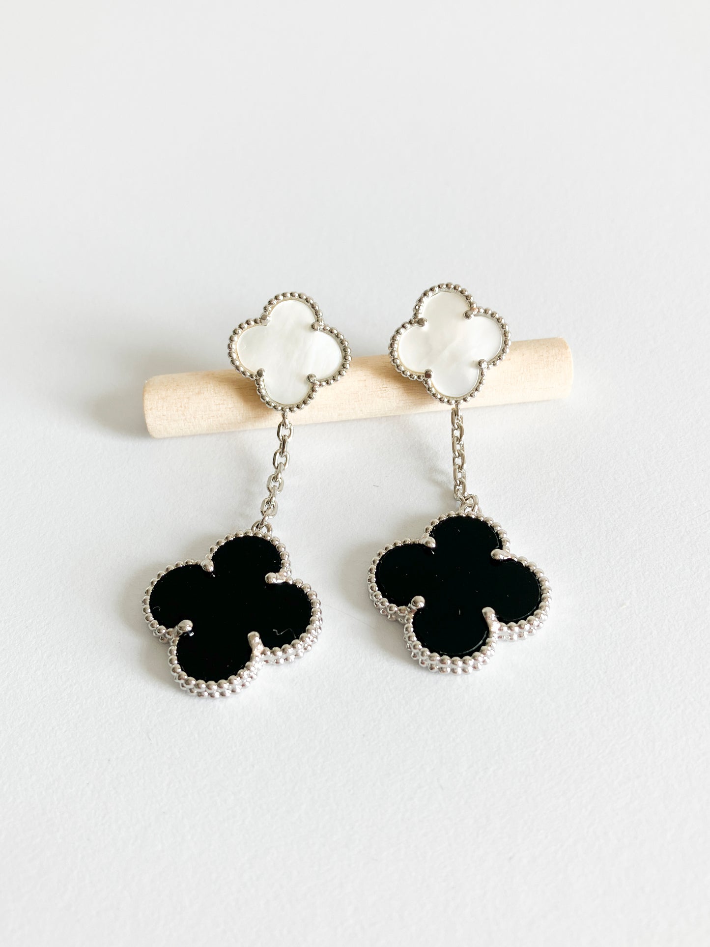 Onyx and Mother of Pearl Quatrefoil Double Drop Earrings in Silver