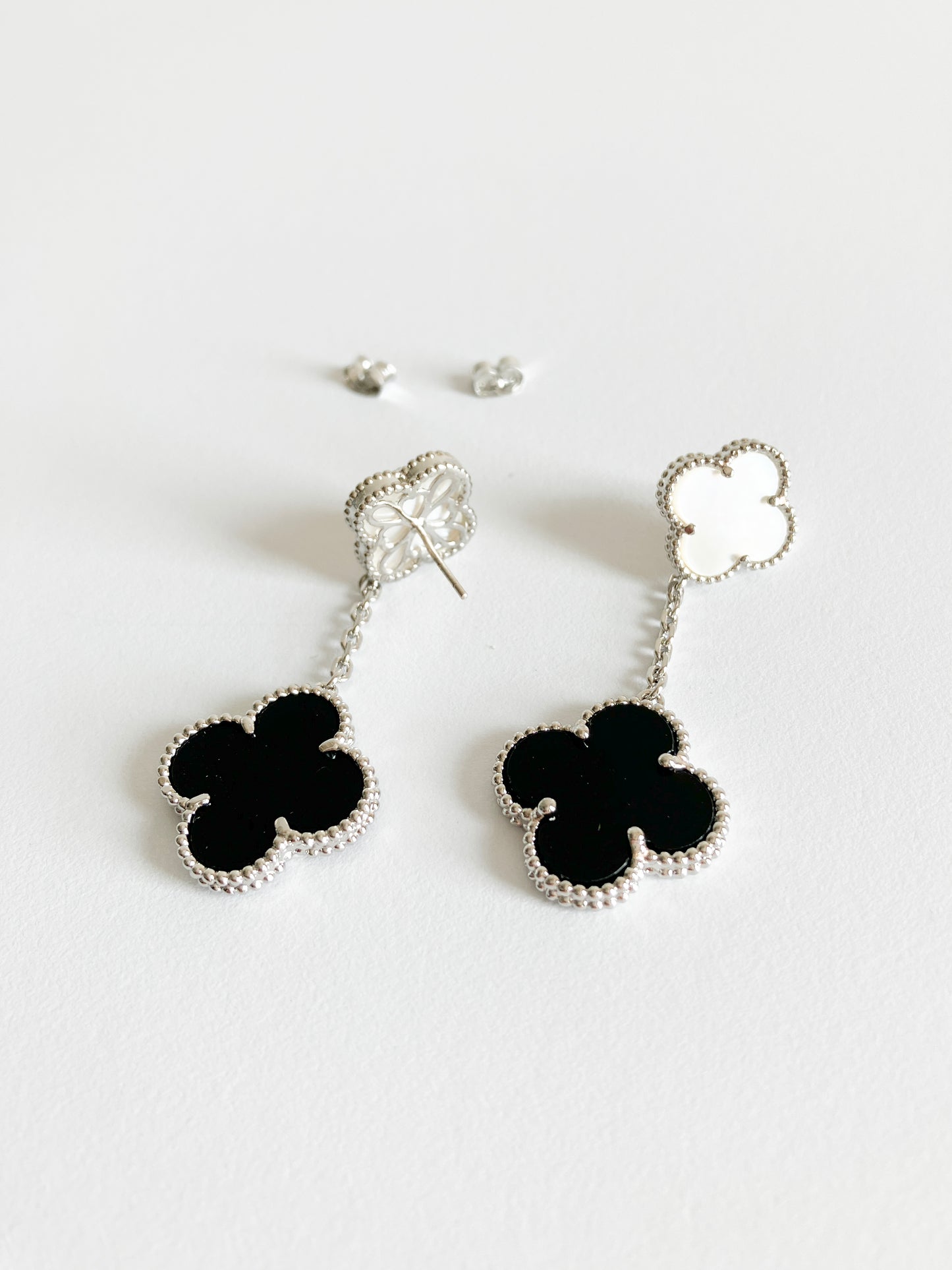 Onyx and Mother of Pearl Quatrefoil Double Drop Earrings in Silver