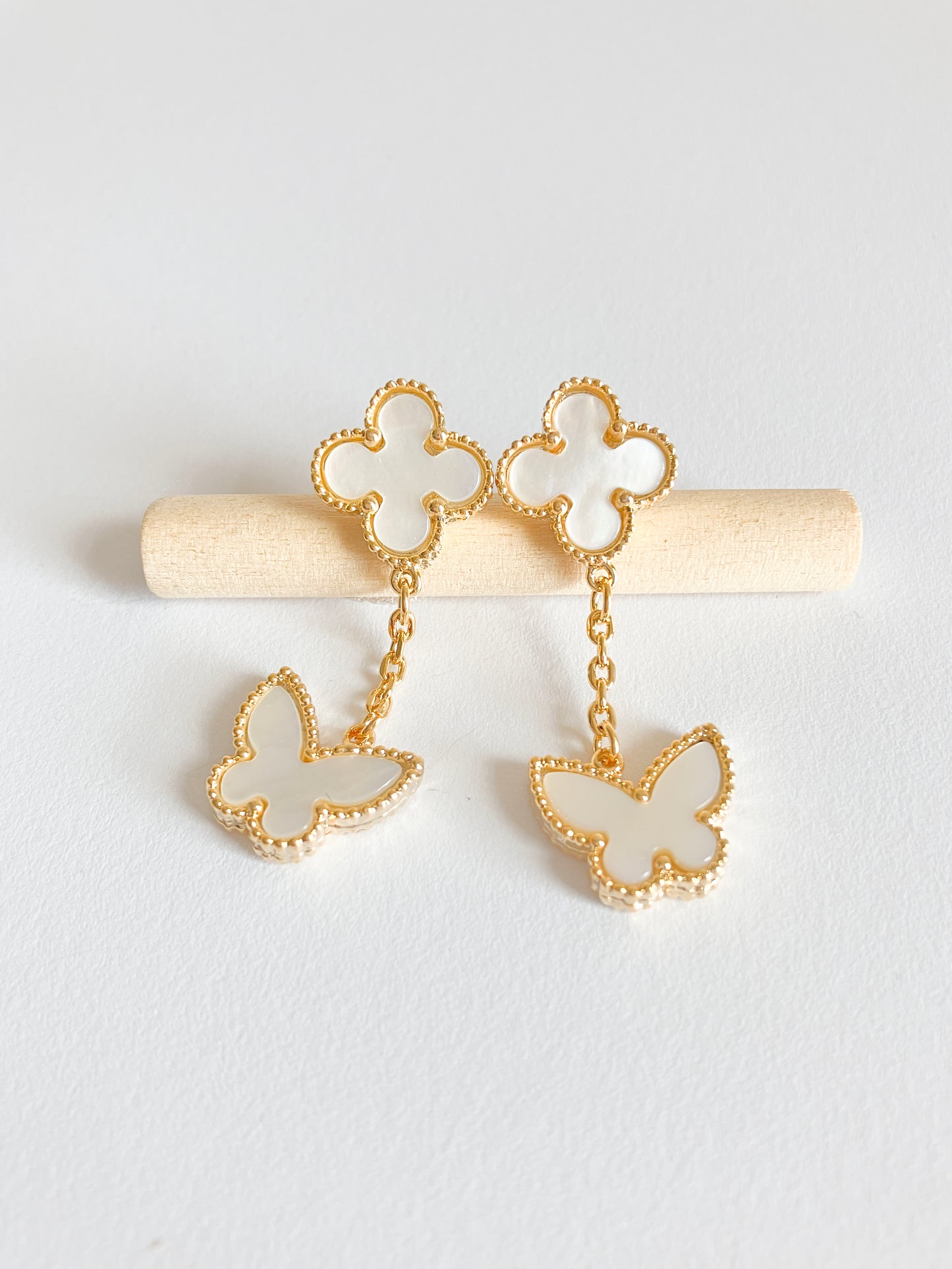 Mother of Pearl Quatrefoil and Butterfly Drop Earrings in Gold