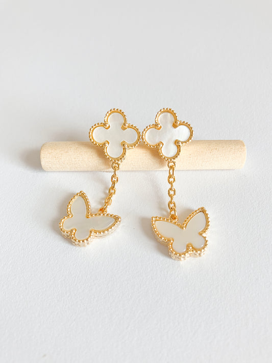 Mother of Pearl Quatrefoil and Butterfly Drop Earrings in Gold