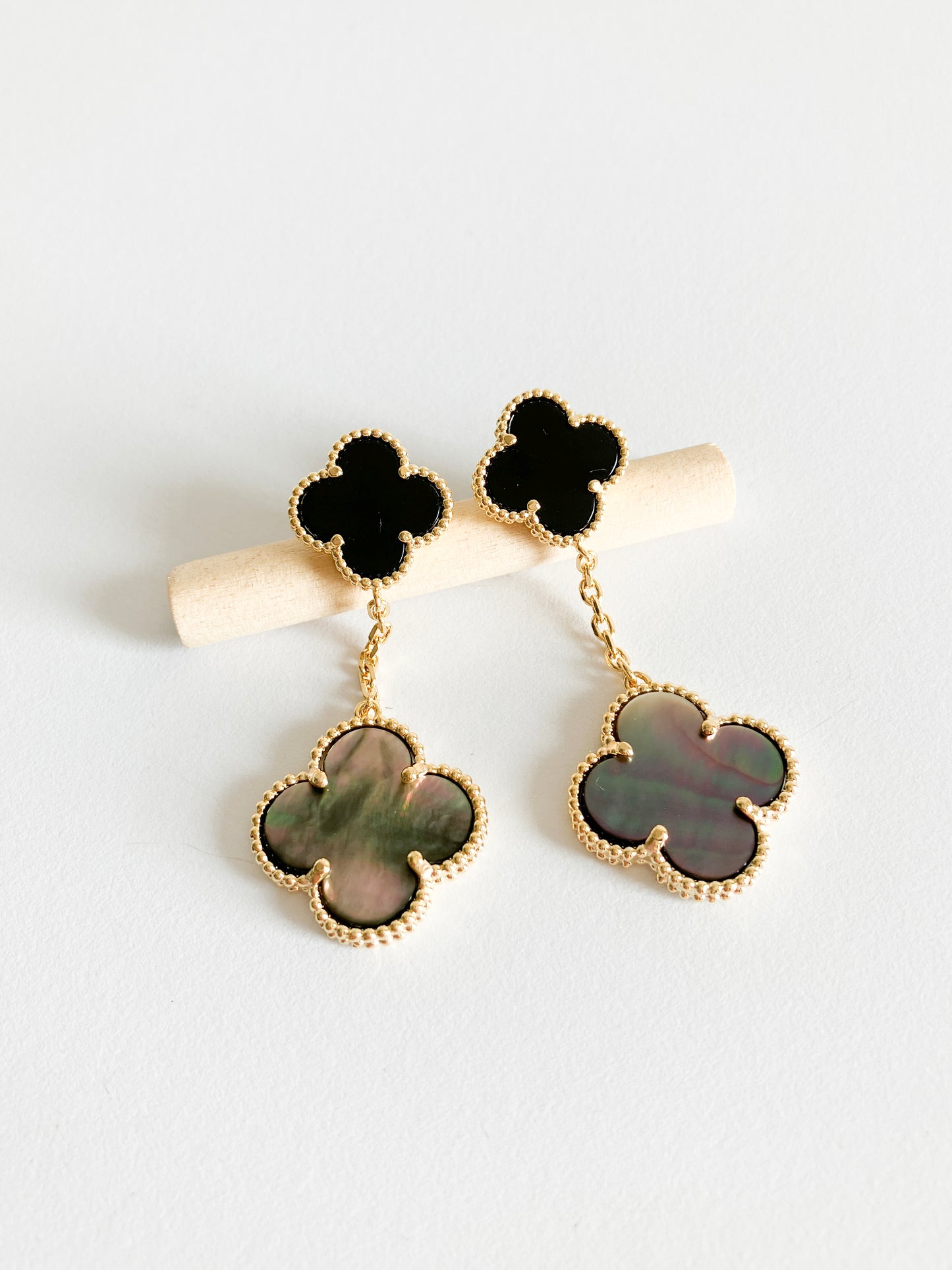 Onyx and Grey Mother of Pearl Quatrefoil Double Drop Earrings in Gold
