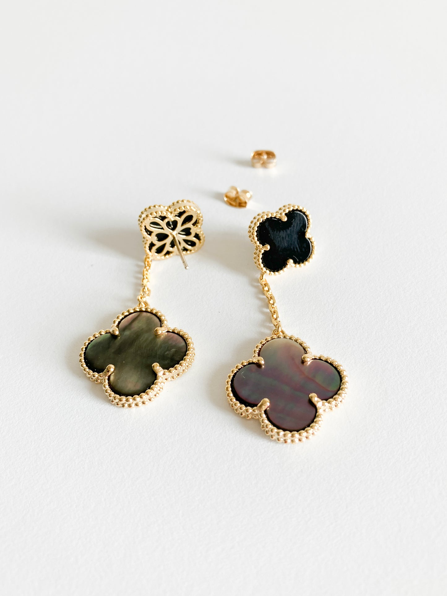 Onyx and Grey Mother of Pearl Quatrefoil Double Drop Earrings in Gold
