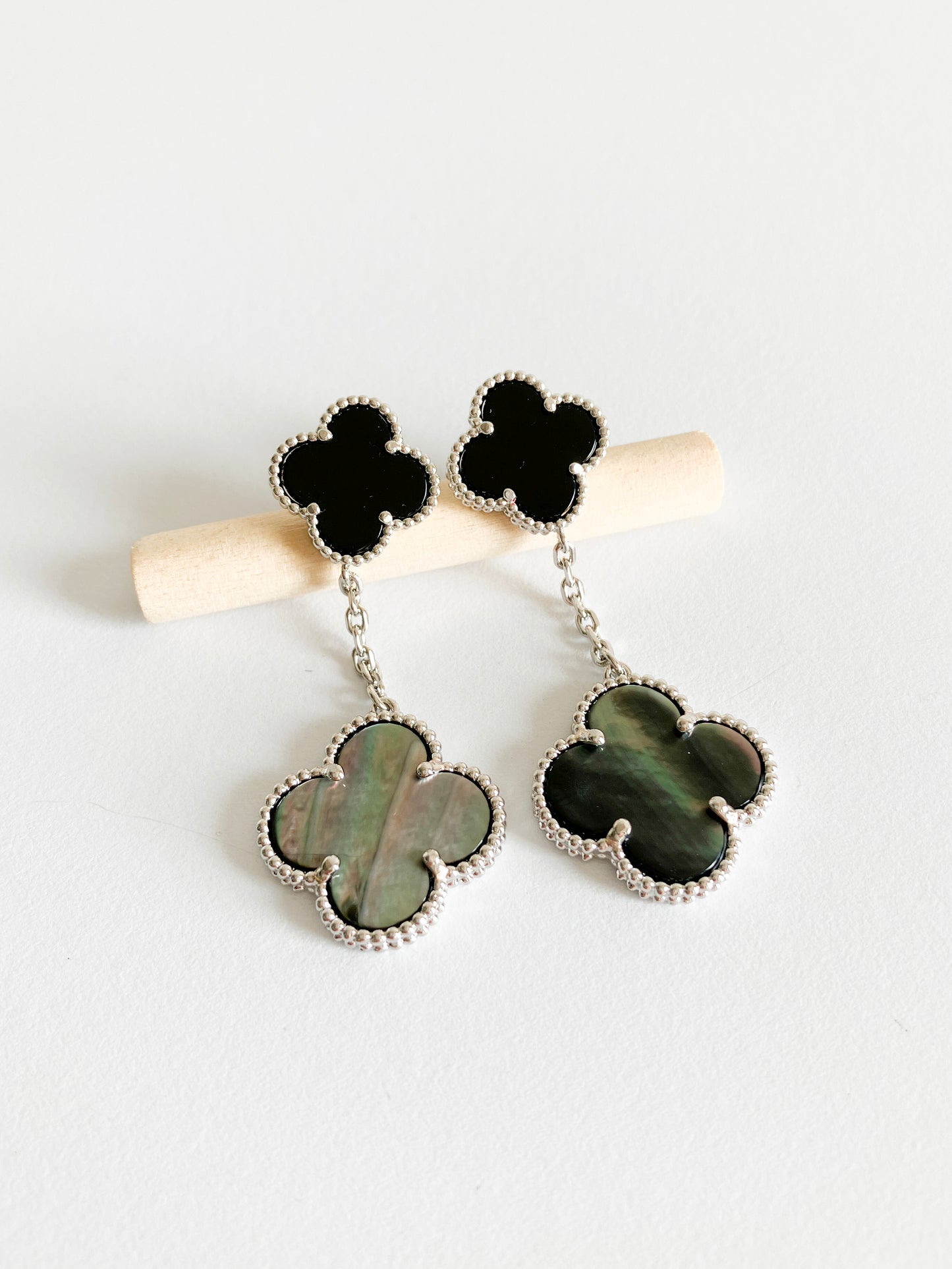 Onyx and Grey Mother of Pearl Quatrefoil Double Drop Earrings in Silver