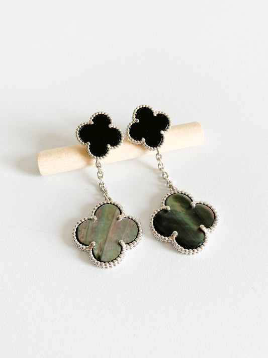 Onyx and Grey Mother of Pearl Quatrefoil Double Drop Earrings in Silver