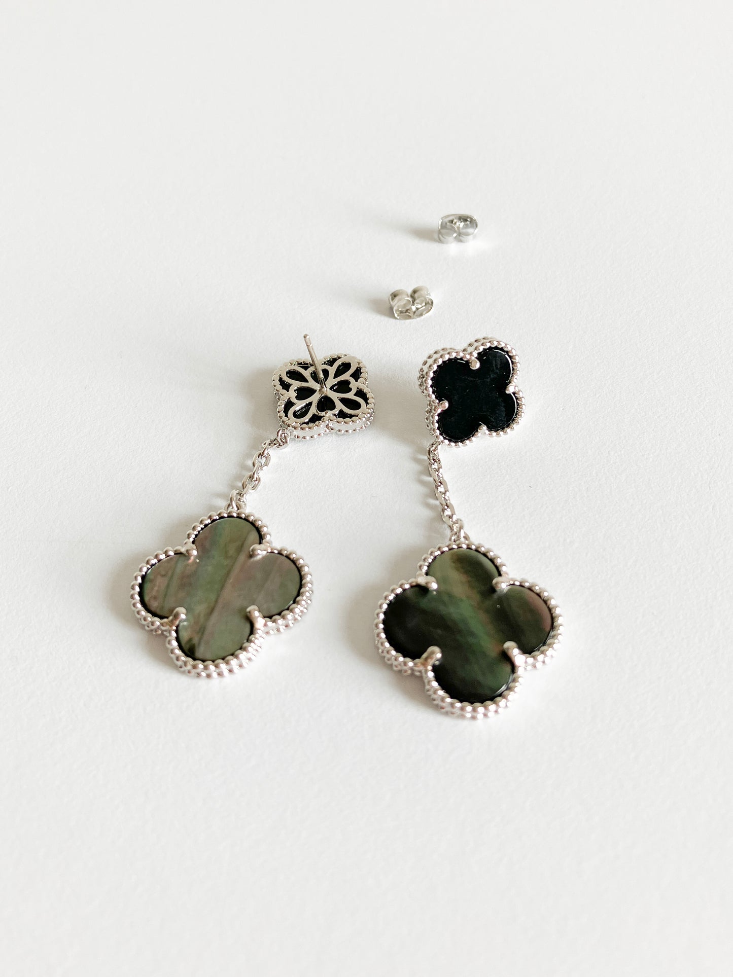 Onyx and Grey Mother of Pearl Quatrefoil Double Drop Earrings in Silver