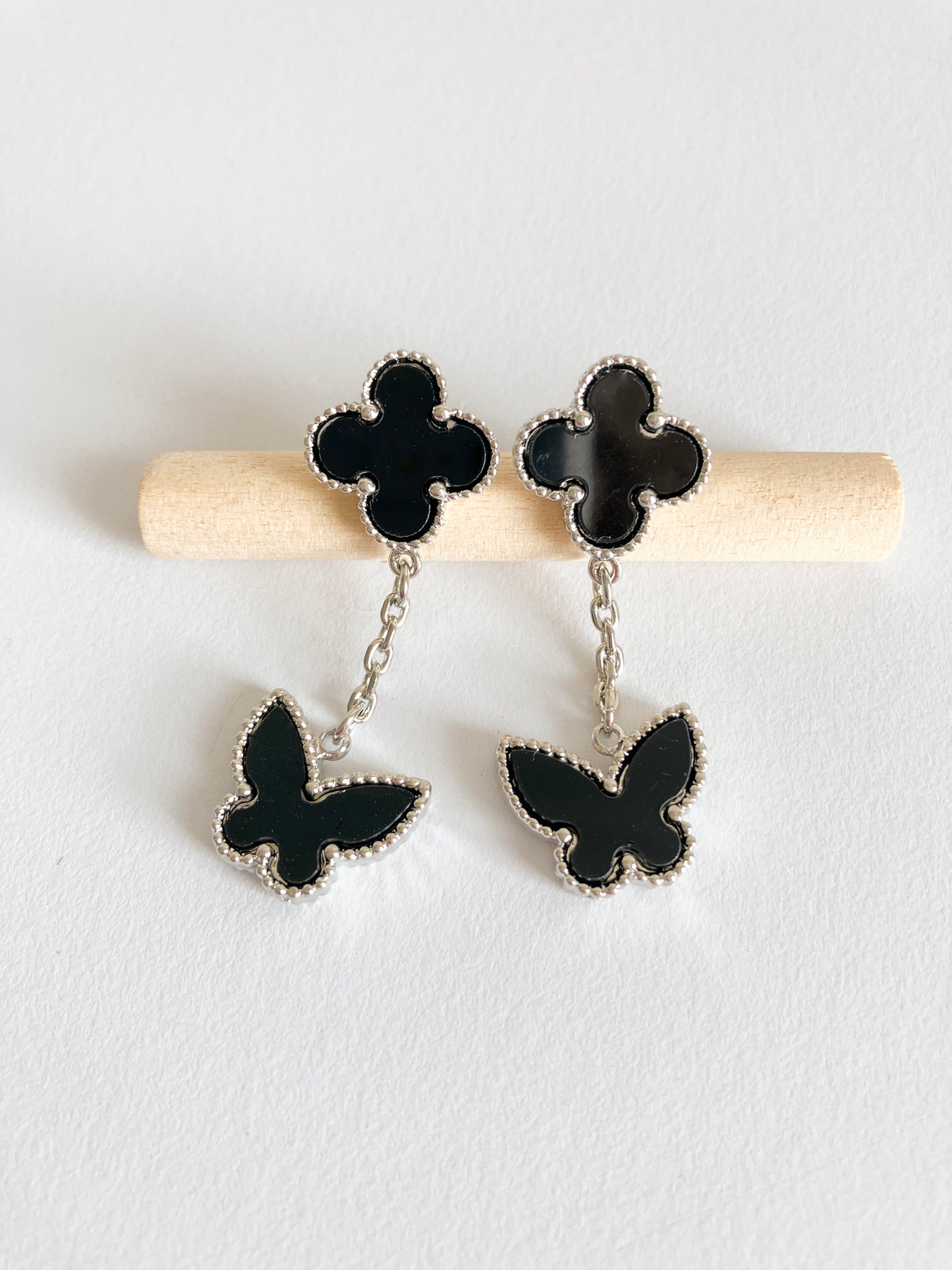 Onyx Quatrefoil and Butterfly Drop Earrings in Silver