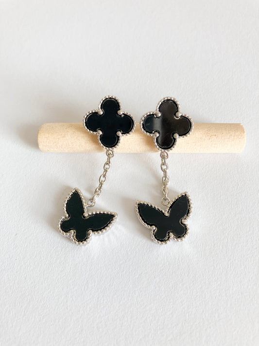 Onyx Quatrefoil and Butterfly Drop Earrings in Silver