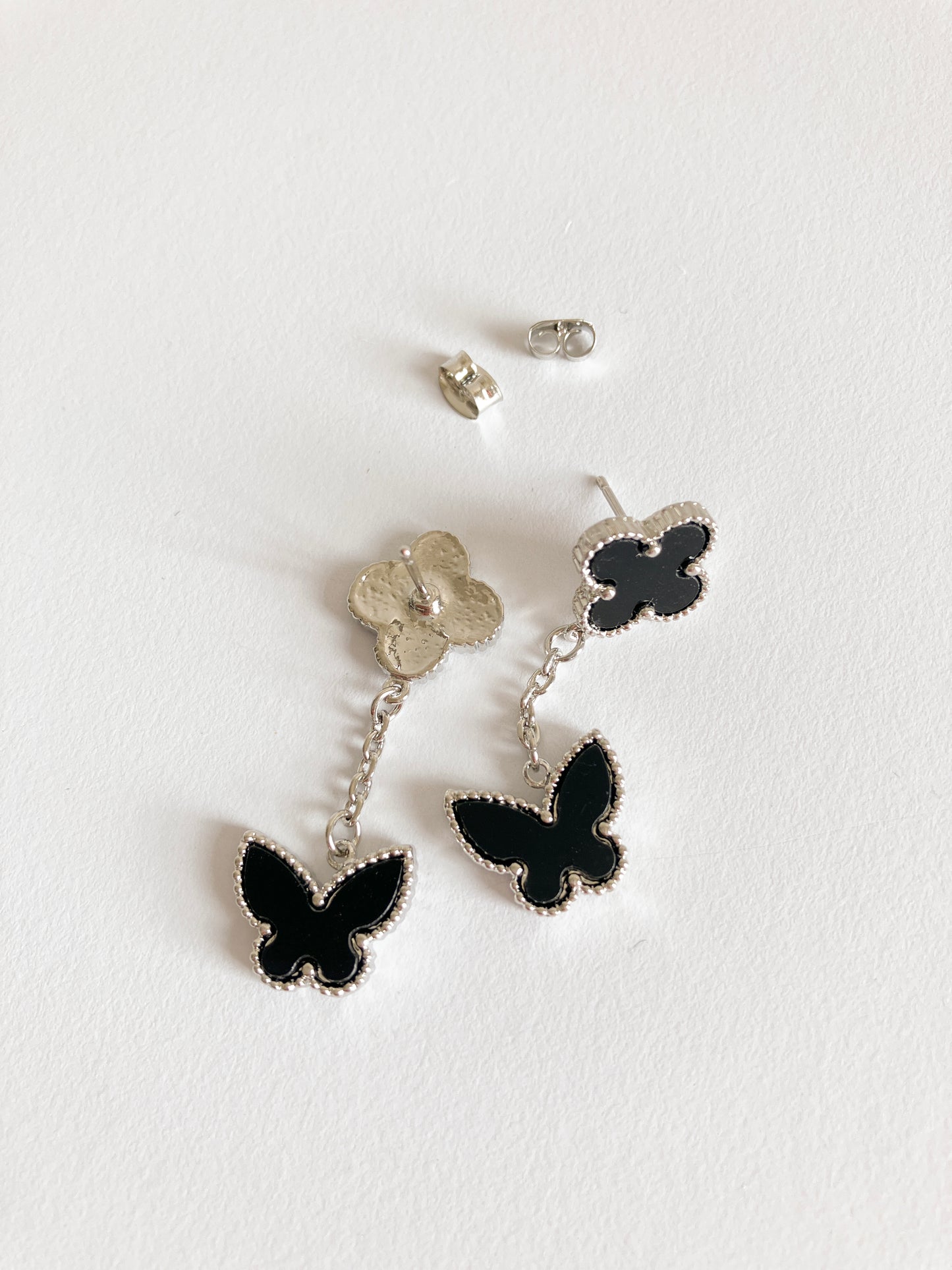 Onyx Quatrefoil and Butterfly Drop Earrings in Silver