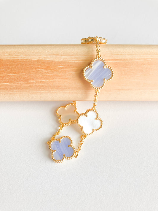 Agate and Mother of Pearl Quatrefoil Bracelet in Gold