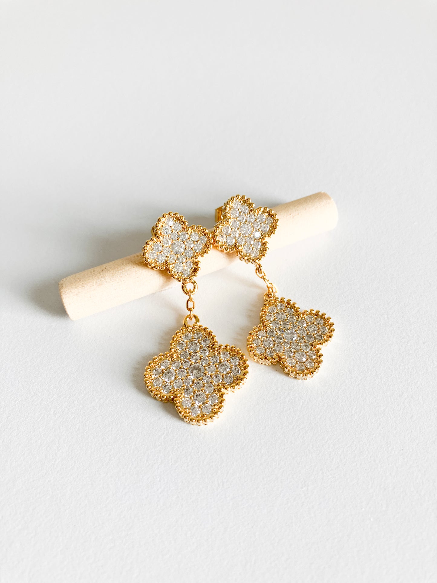 Cubic Zirconia Quatrefoil Double Drop Earrings in Gold