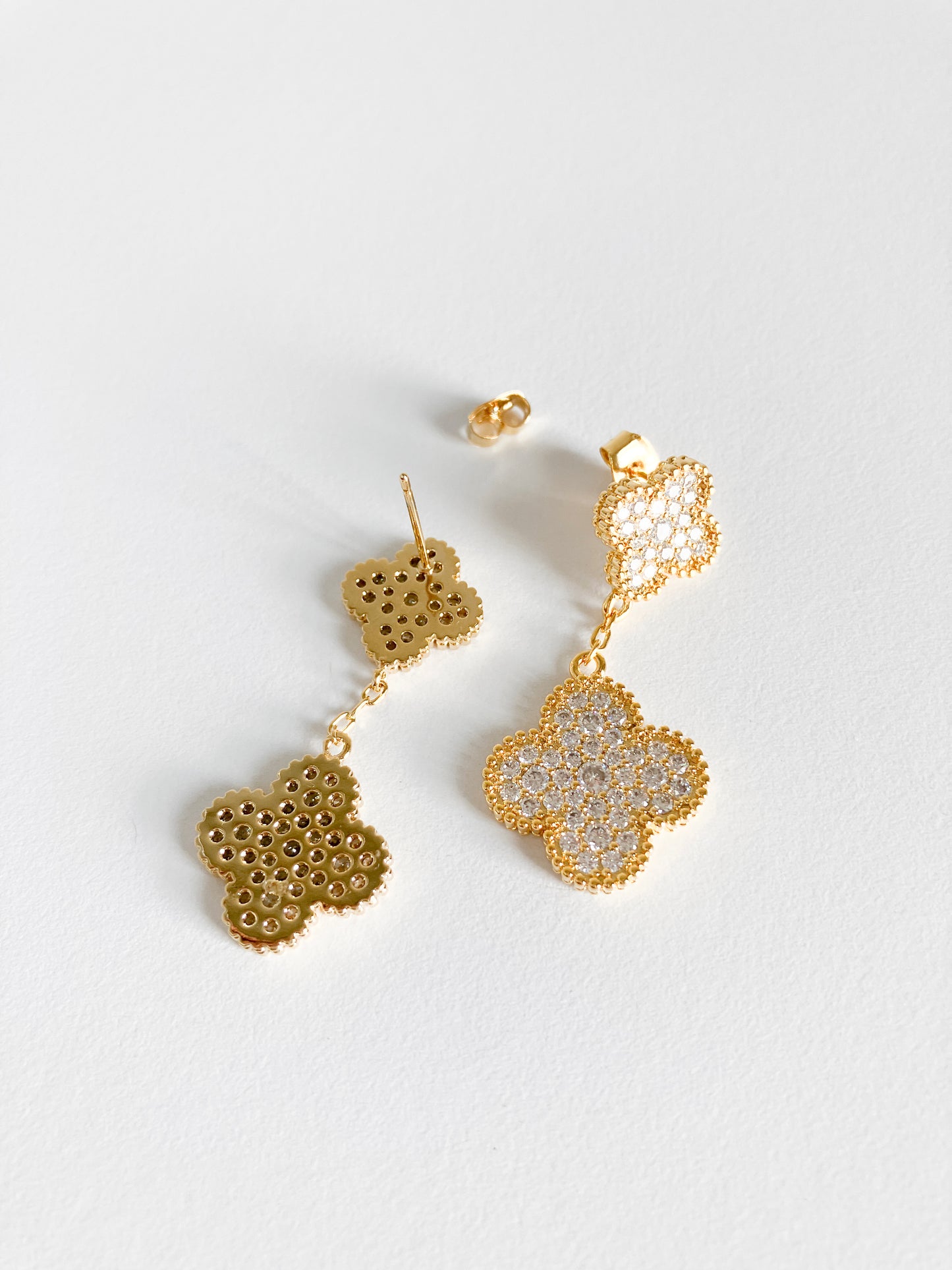 Cubic Zirconia Quatrefoil Double Drop Earrings in Gold