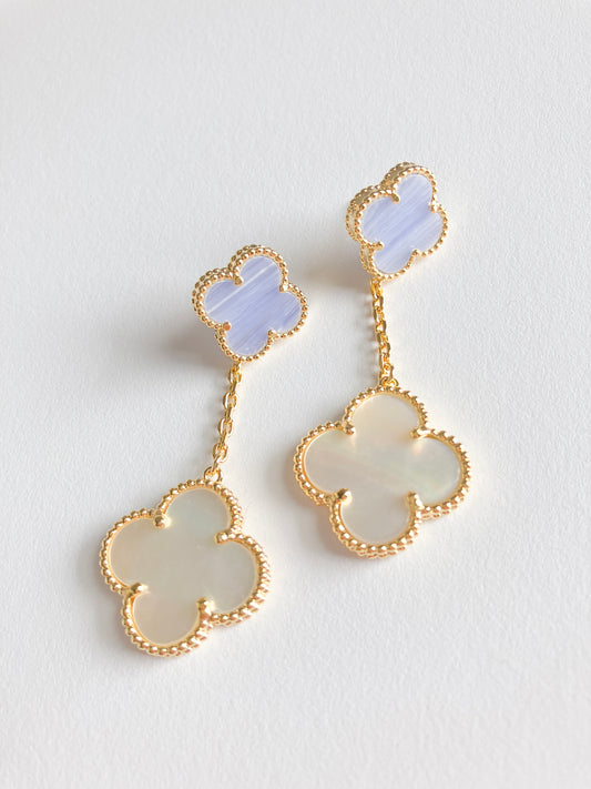 Agate and Mother of Pearl Quatrefoil Drop Earrings in Gold