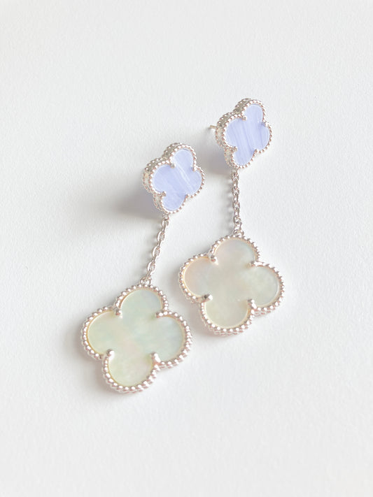 Agate and Mother of Pearl Quatrefoil Drop Earrings in Silver