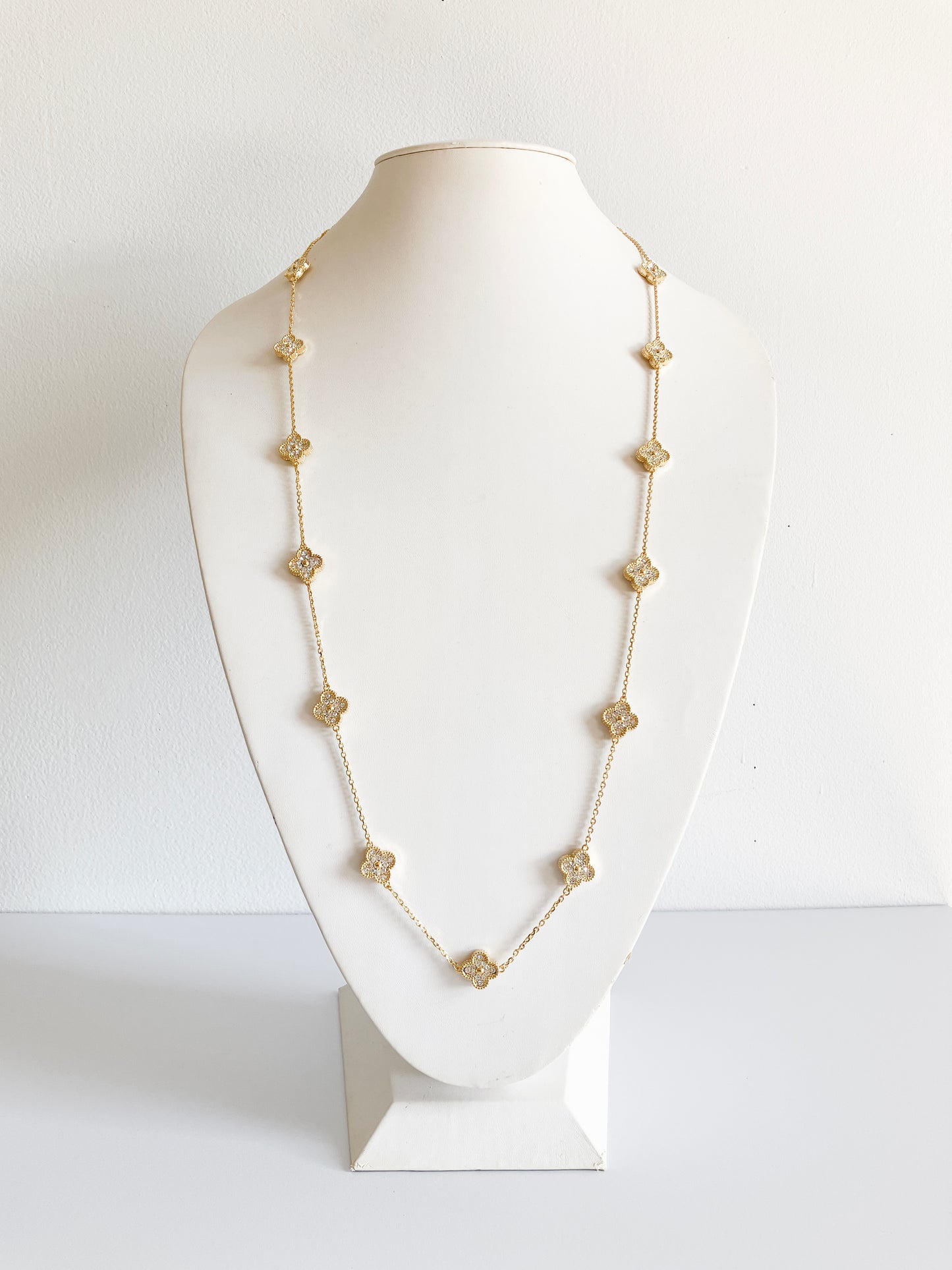 Opera Length Cubic Zirconia Quatrefoil Necklace in Gold