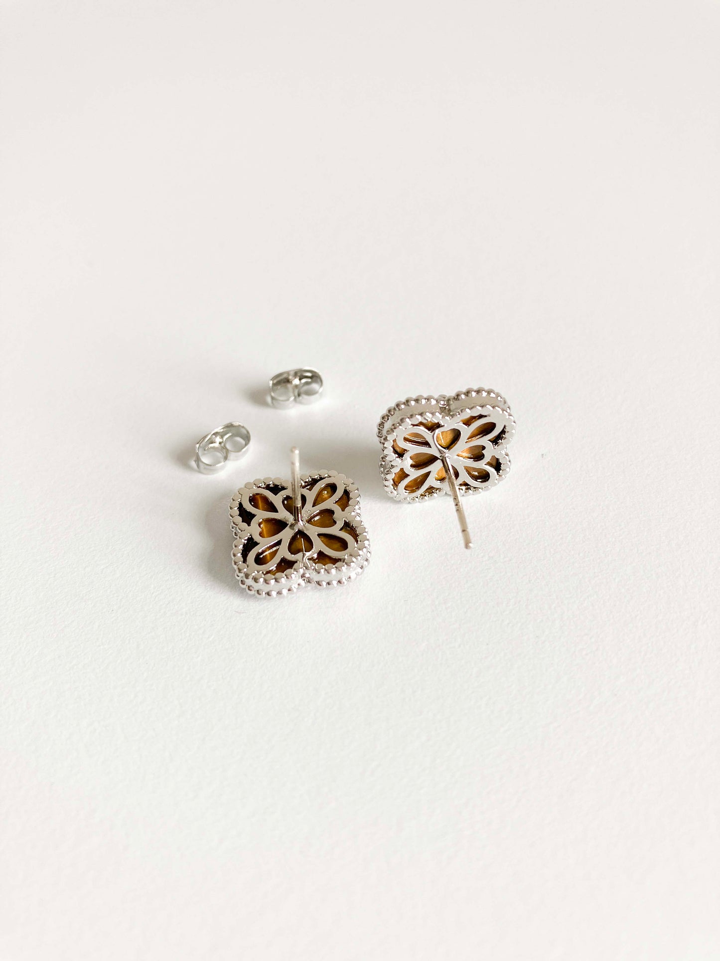 Tiger Eye Demi Quatrefoil Earrings in Silver