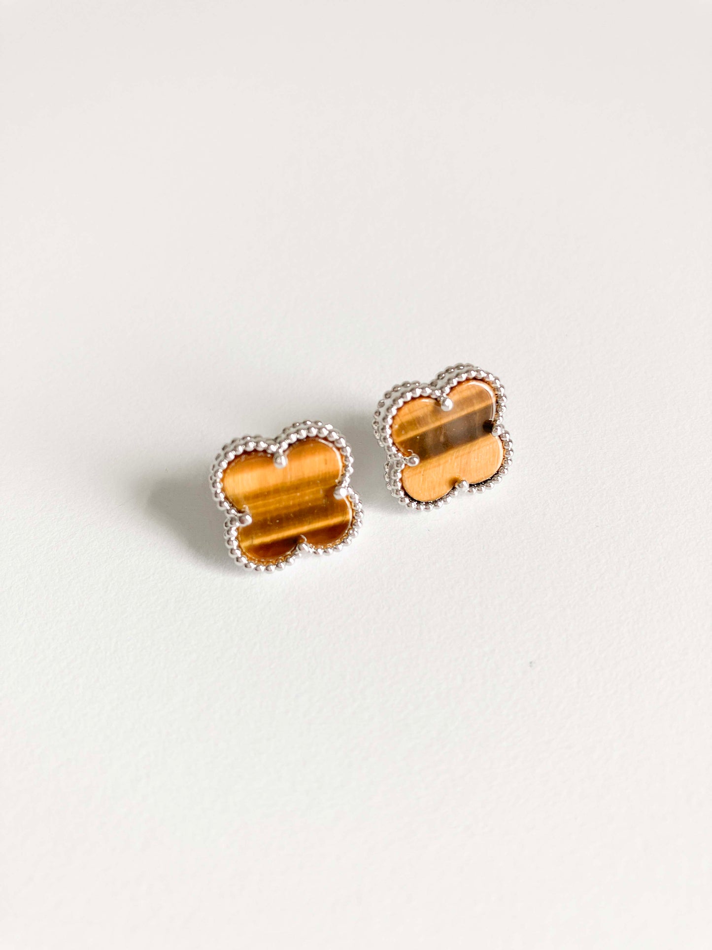 Tiger Eye Demi Quatrefoil Earrings in Silver