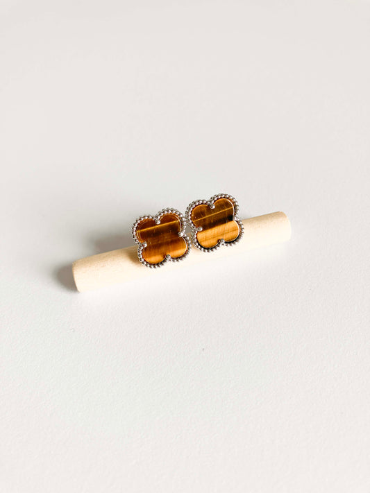 Tiger Eye Demi Quatrefoil Earrings in Silver