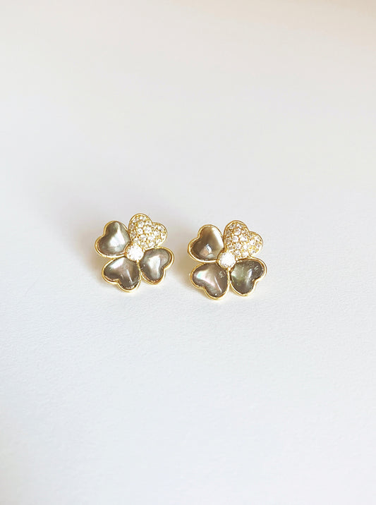 Four Leaf Clover of Hearts in Grey Mother of Pearl and Cubic Zirconium
