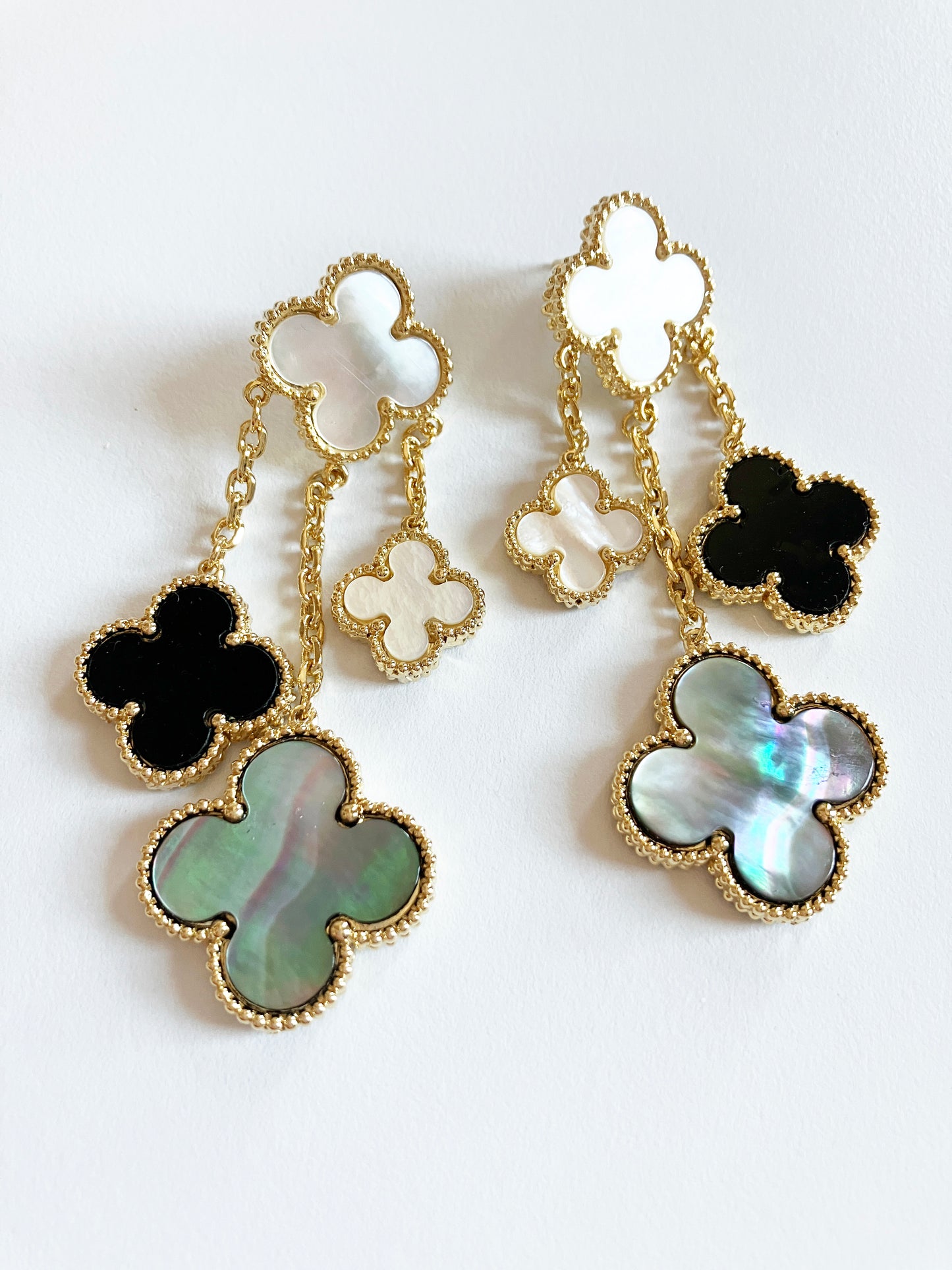 Mother of Pearl and Onyx Chandelier Earrings in Gold