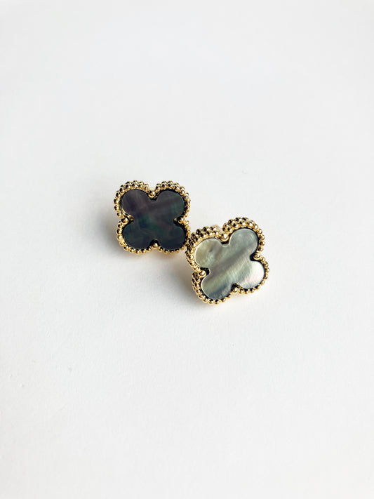 Demi Quatrefoil Motif Gold and Gray Mother of Pearl Earrings