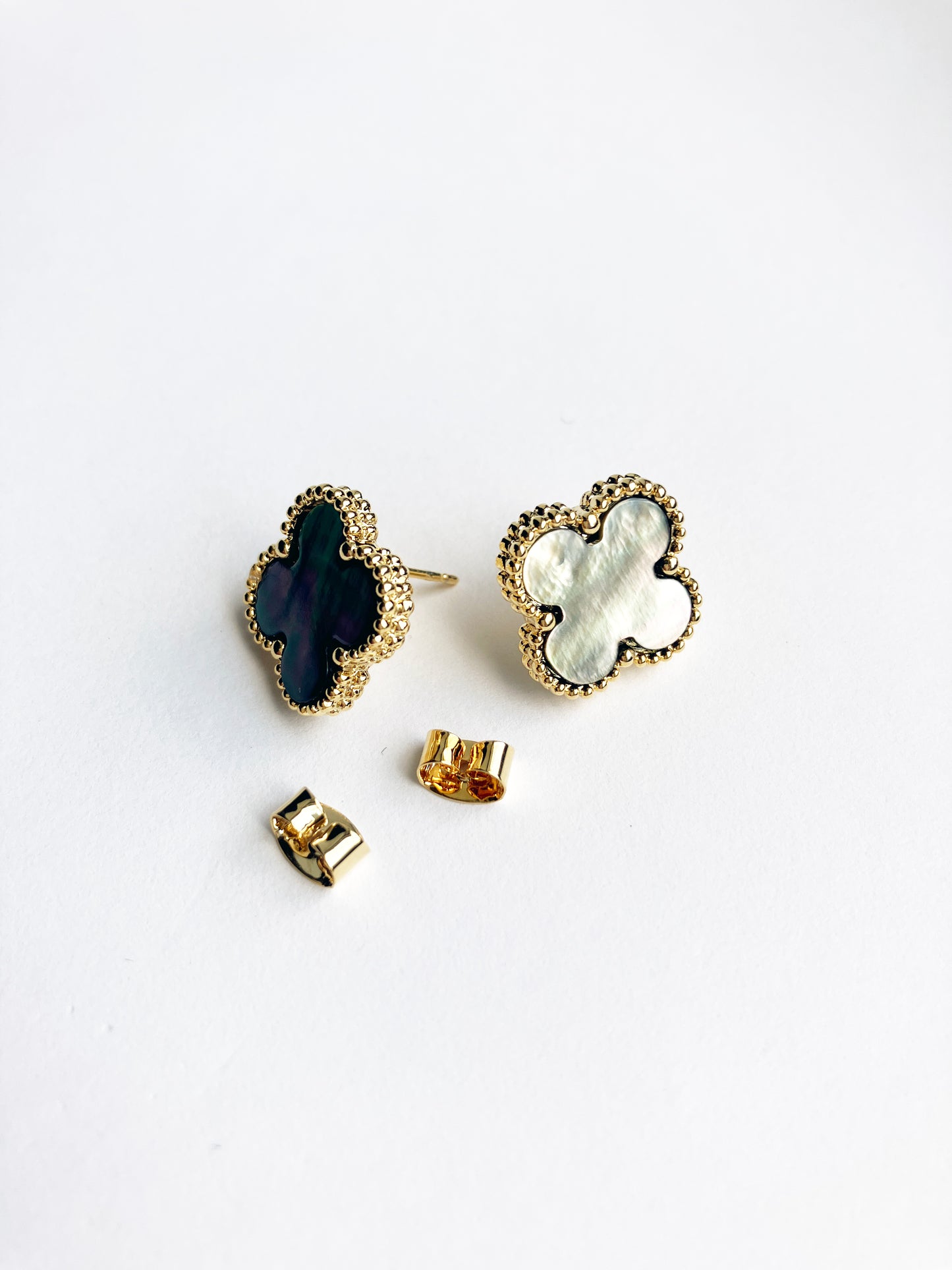Demi Quatrefoil Motif Gold and Gray Mother of Pearl Earrings