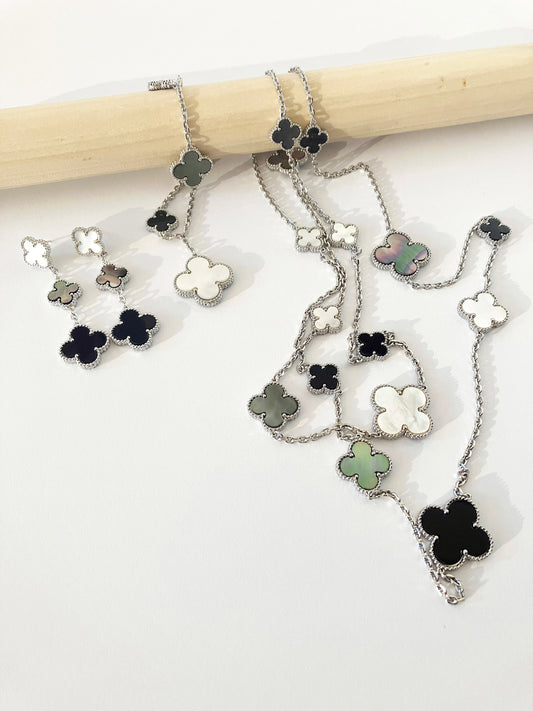 Mixed Mother of Pearl and Onyx Quatrefoil Motif Parure in Silver