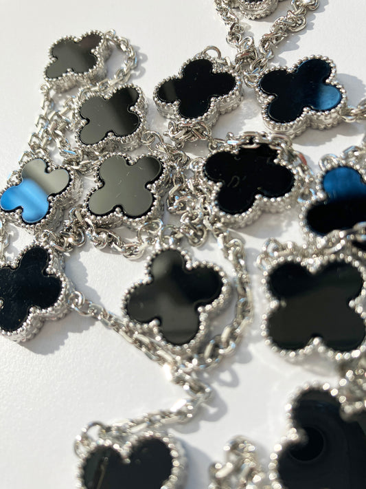 Onyx Quatrefoil Silver Plated Necklace