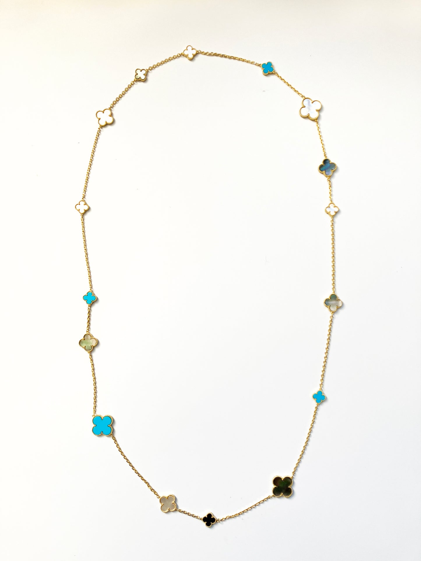 Mixed Size Turquoise and White and Gray Mother of Pearl Quatrefoil Gold Plated Necklace