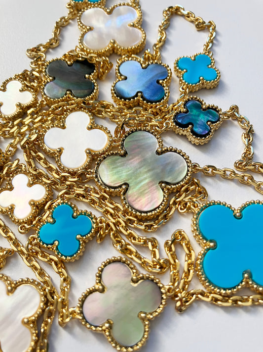 Mixed Size Turquoise and White and Gray Mother of Pearl Quatrefoil Gold Plated Necklace