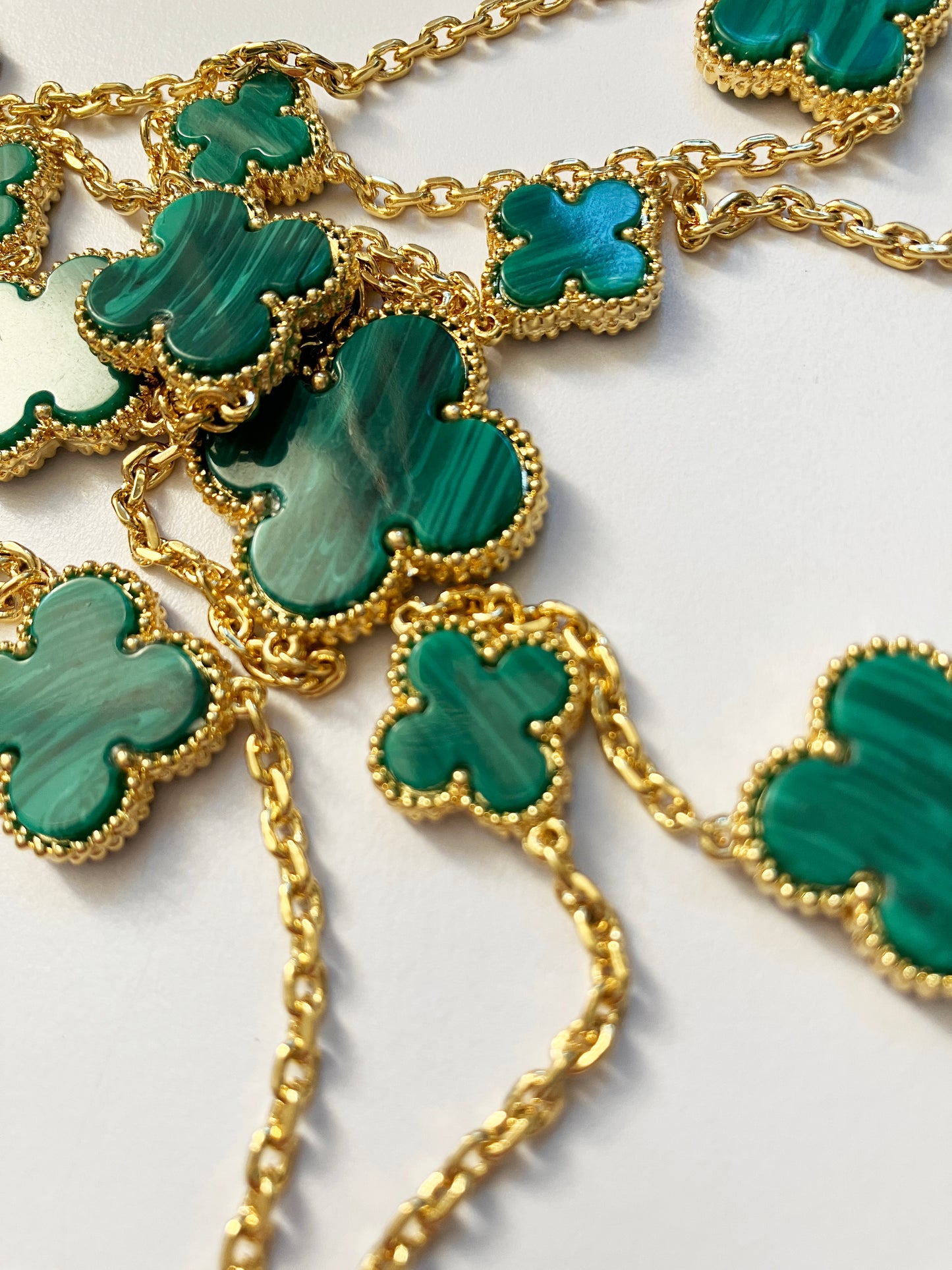 Mixed Size Malachite Quatrefoil Gold Plated Necklace