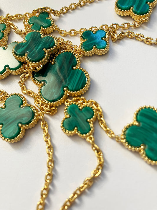 Mixed Size Malachite Quatrefoil Gold Plated Necklace