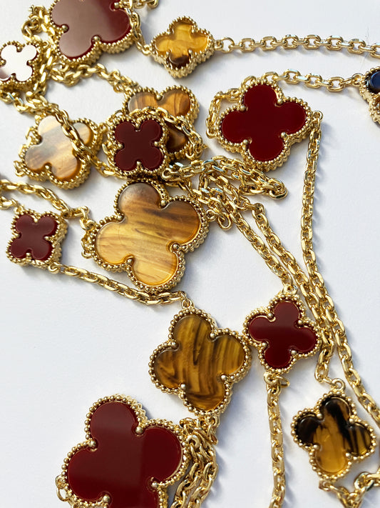 Mixed Size Tiger Eye and Carnelian Alhambra Gold Plated Necklace
