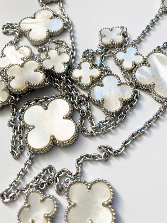 Mixed Size Mother of Pearl Quatrefoil Silver Plated Necklace